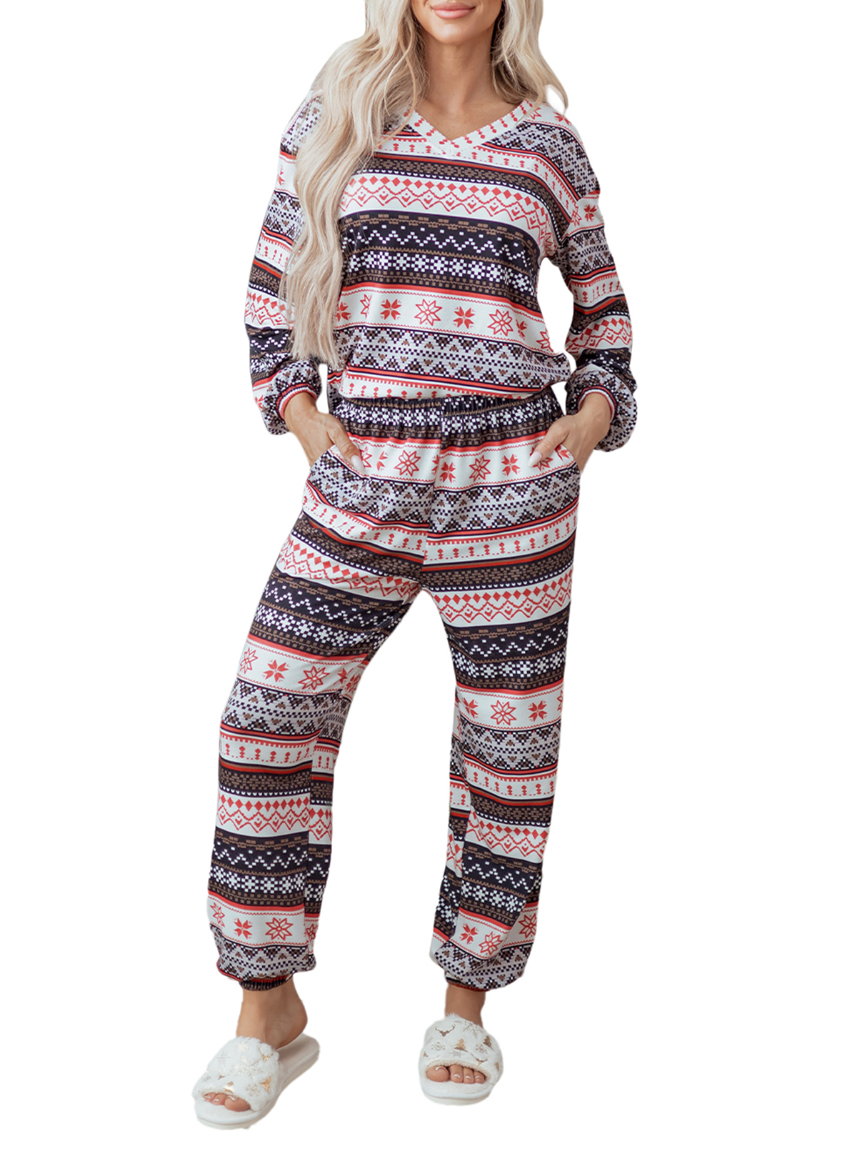 Black Retro Christmas Pattern Loose Pullover 2pcs Lounge Pant Set - loveforevers