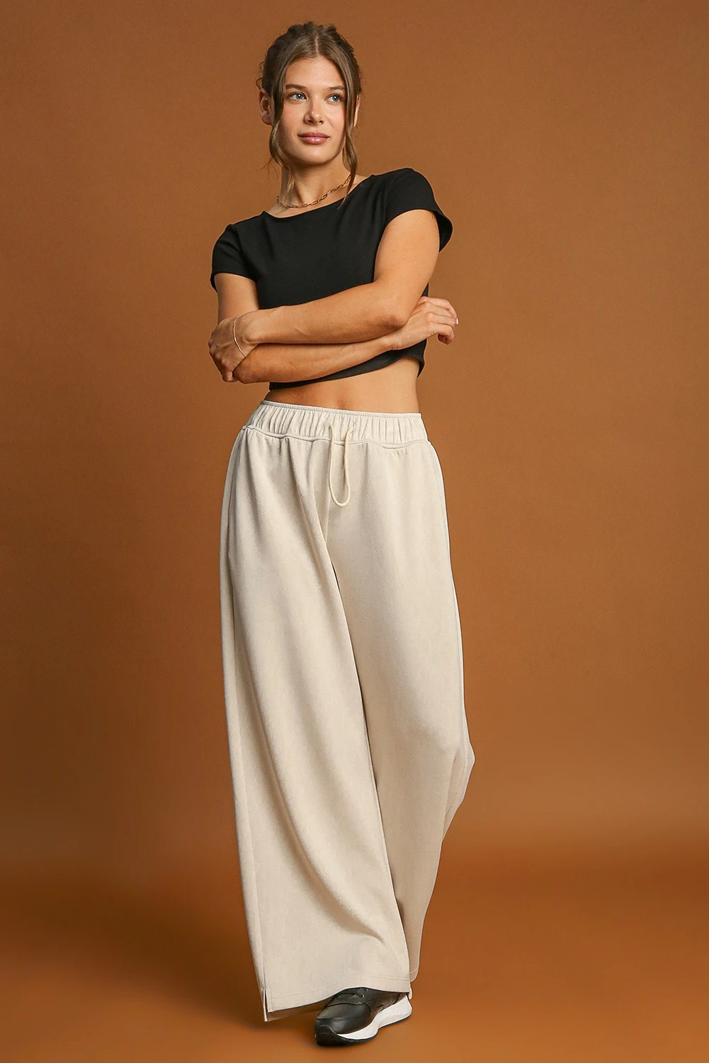 Apricot Loop Drawstring Elastic Waistband Casual Wide Leg Pants - loveforevers