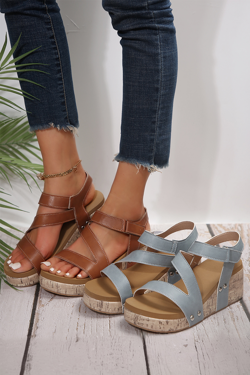Light Blue Hollow Out Velcro Leather Wedge Sandals - loveforevers