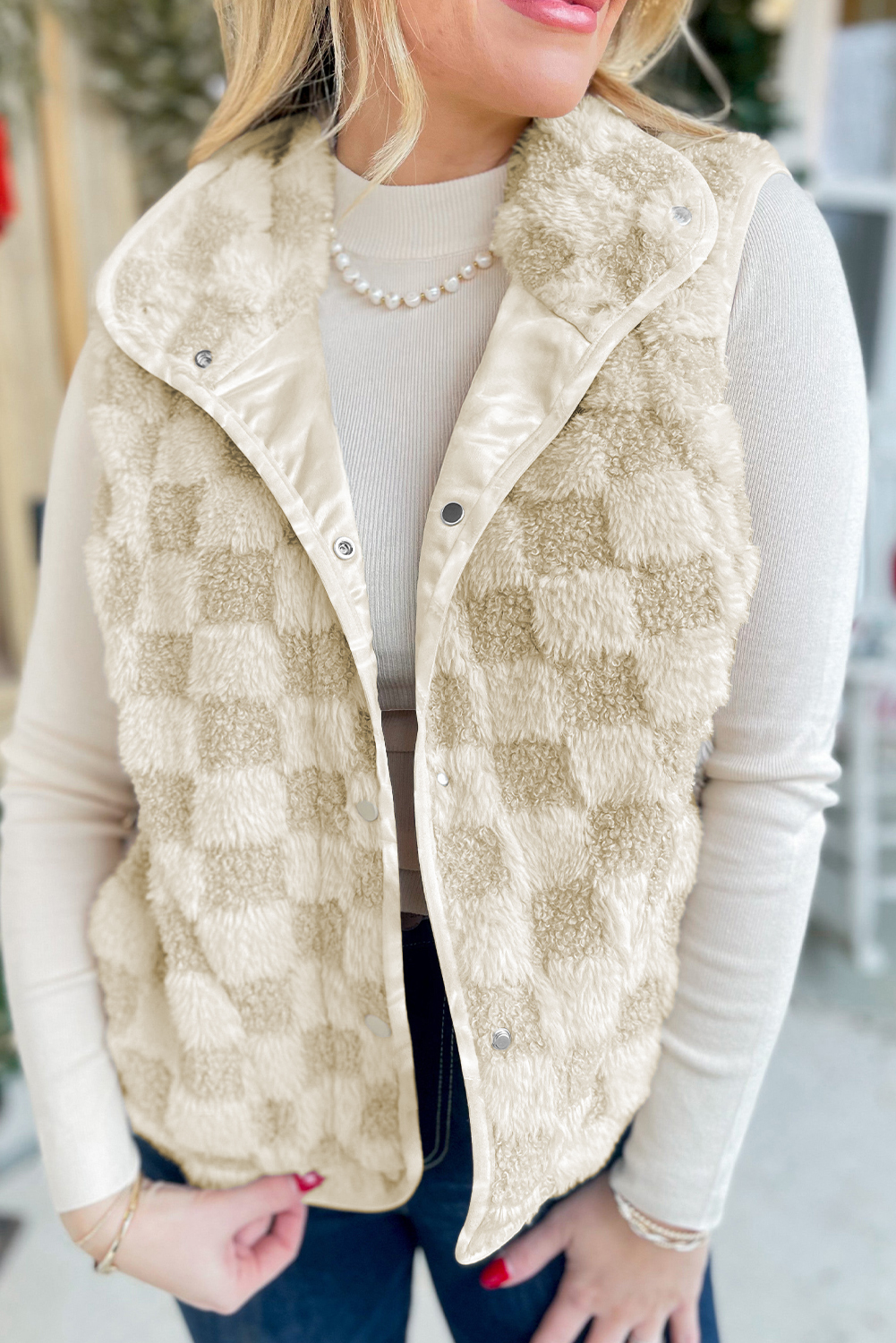 Khaki Sherpa Checkerboard Snap Button Vest Jacket With Pocket - loveforevers