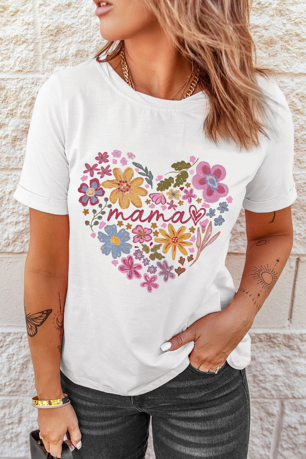 White MAMA Flower Heart Cotton Blend Graphic Tee - loveforevers