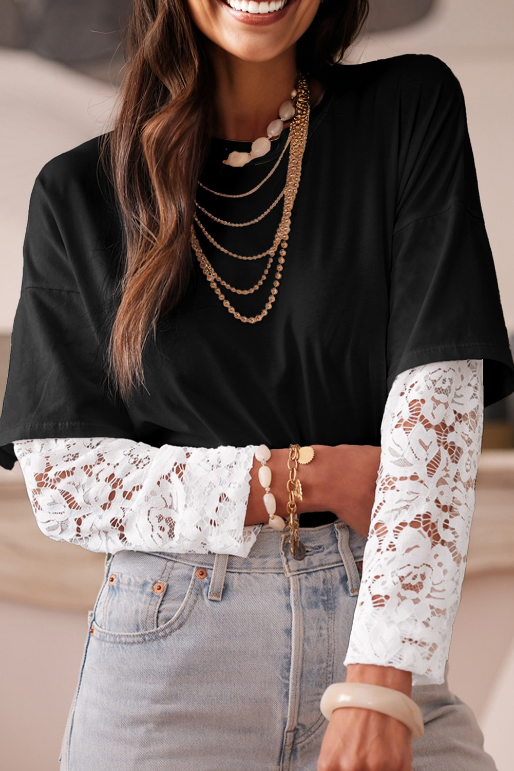 Black Lace Long Sleeve Insert Drop Shoulder Tee - loveforevers