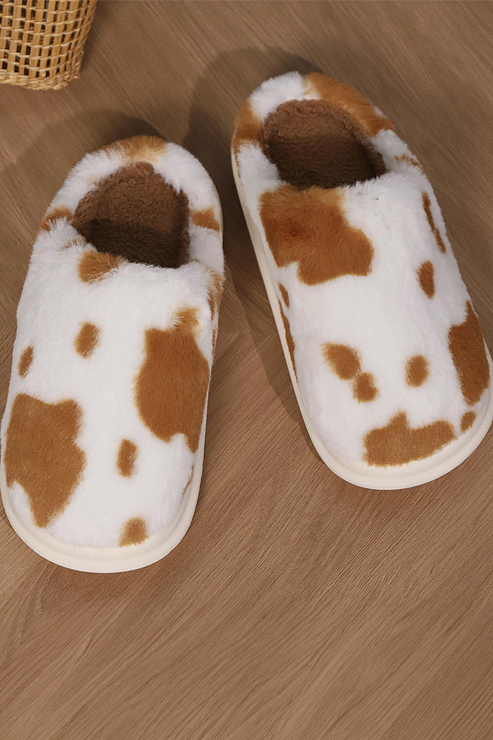 Chestnut Cow Spot Printed Plush Home Slippers - loveforevers