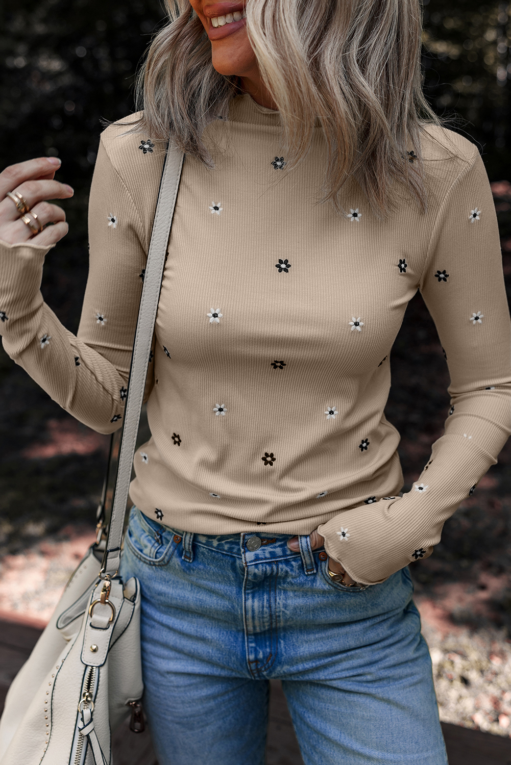 Jet Stream Floral Embroidered Detail Ribbed Long Sleeve Top - loveforevers
