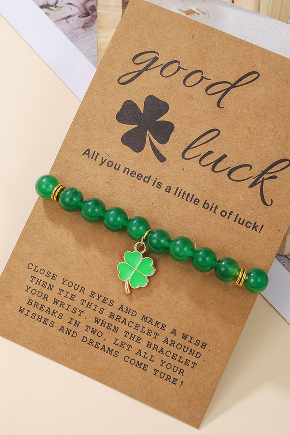 Blackish Green St Patricks Shamrock Beaded Elastic Bracelet - loveforevers