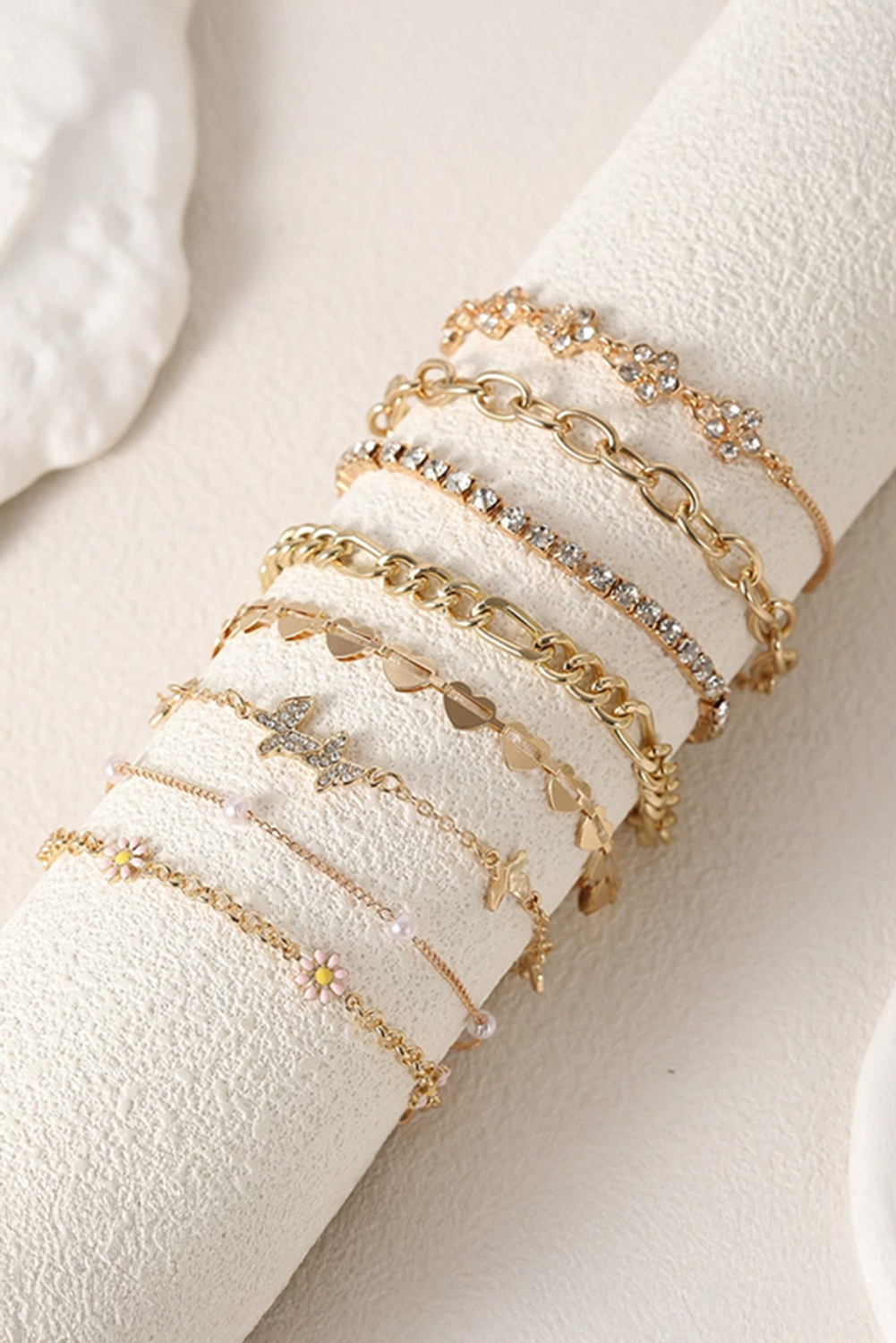 Gold Rhinestone Decor Butterfly Flower Multi Layer Bracelet Set - loveforevers