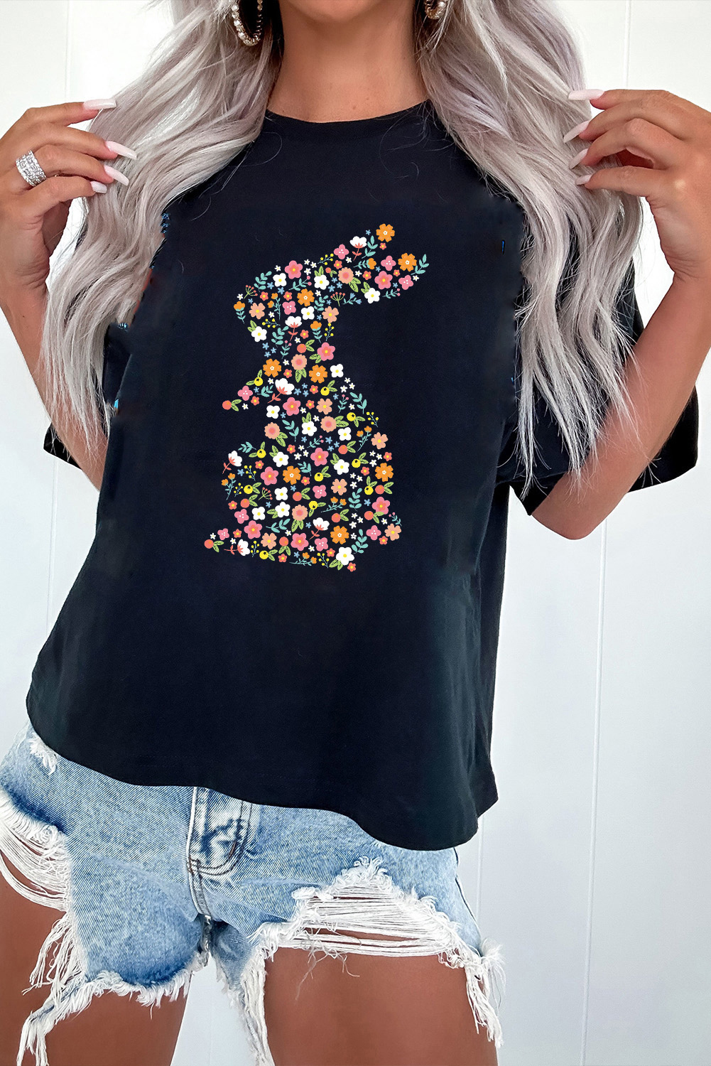 Black Colorful Floral Bunny Graphic Easter T Shirt - loveforevers