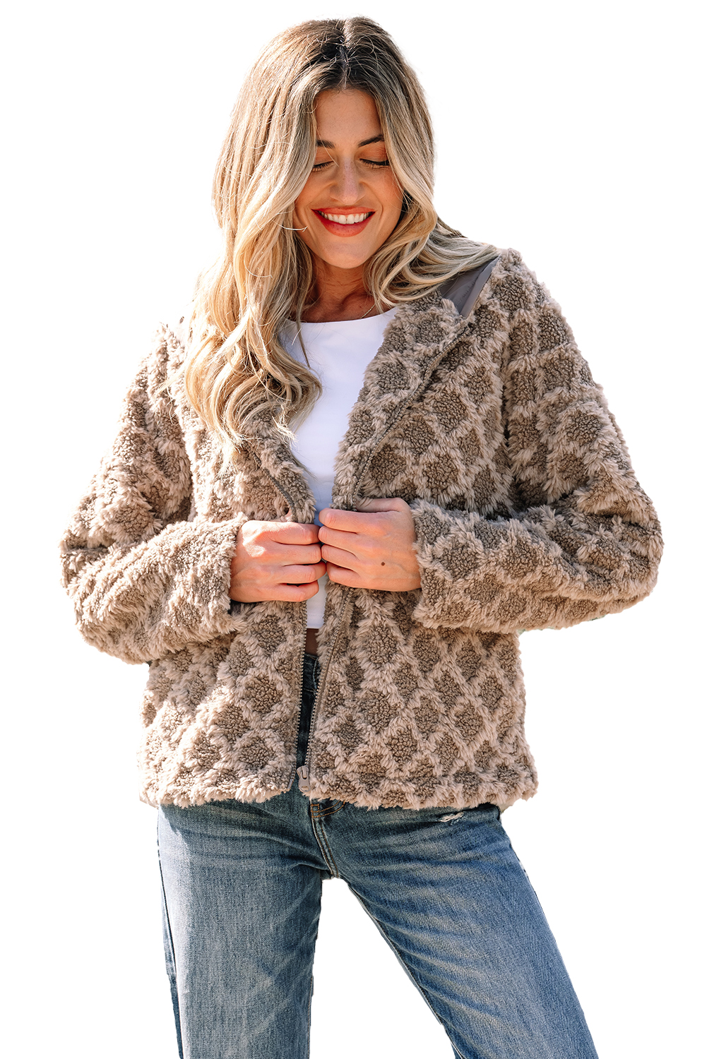 Chestnut Sherpa Rhombus Zip Up Side Pocket Hooded Jacket - loveforevers