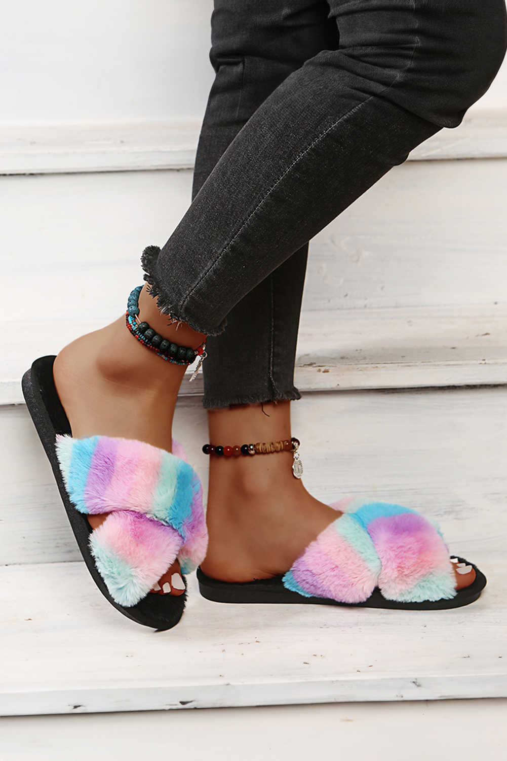 Pink Rainbow Striped Plush Cross Straps Slippers - loveforevers