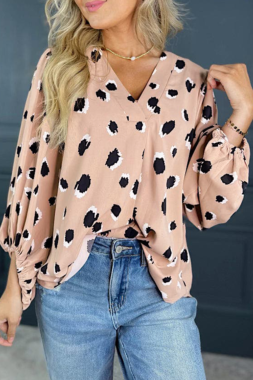 Khaki Classic Leopard V Neck Bracelet Sleeve Blouse - loveforevers