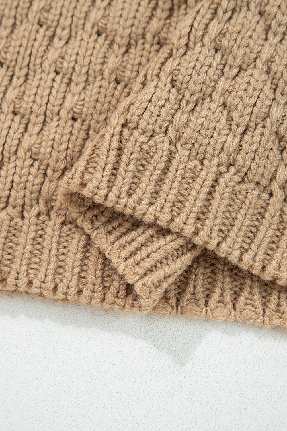 Pale Khaki Contrast Detail Textured Knit Puff Sleeve Baggy Sweater - loveforevers