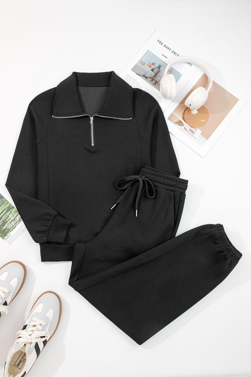 Black Zip Collar Long Sleeve Top Drawstring Pants Set - loveforevers