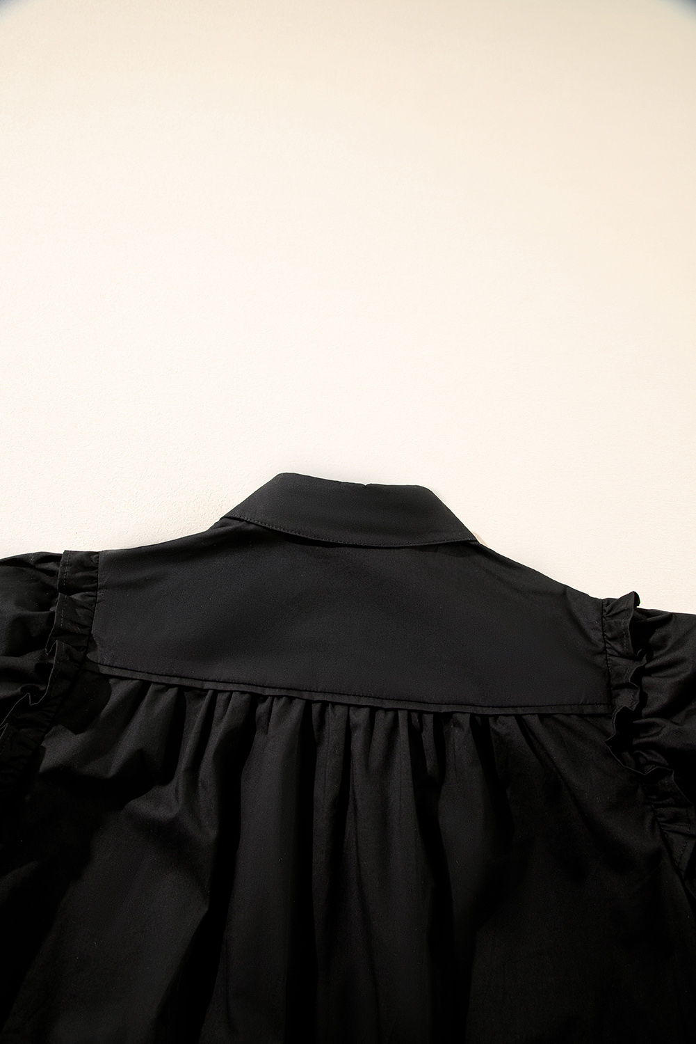 Black Frilly Puff Sleeve Stylish Collared Shirt - loveforevers