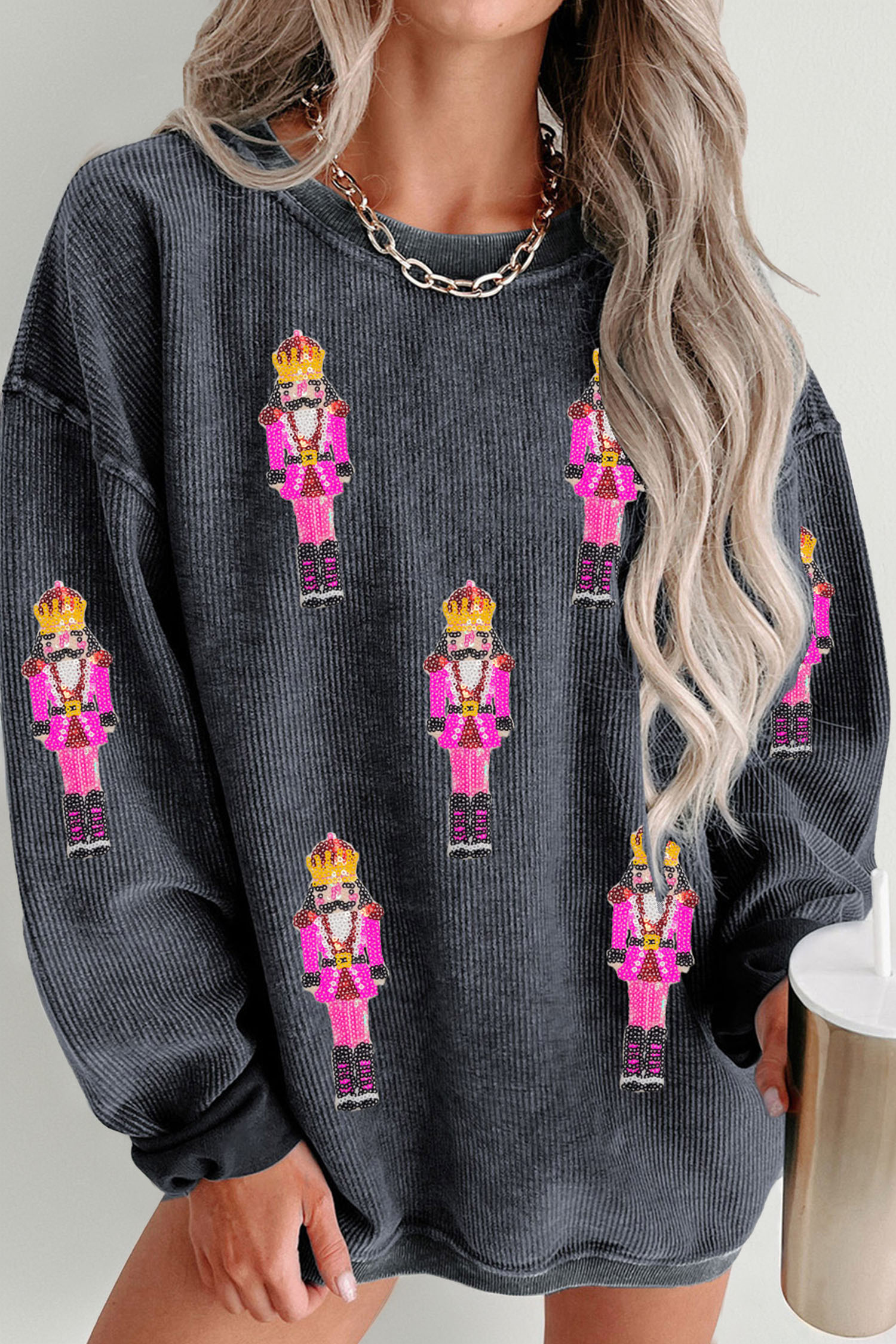 Gray Nutcracker Men Sequin Patterned Corded Sweatshirt - loveforevers