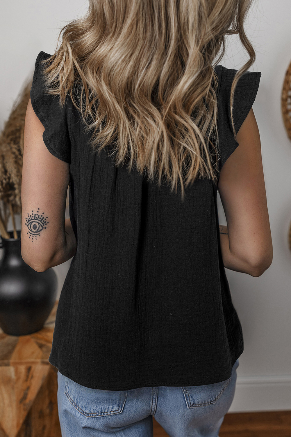 Black Ruffled Shoulder V Neck Shift Tank Top - loveforevers
