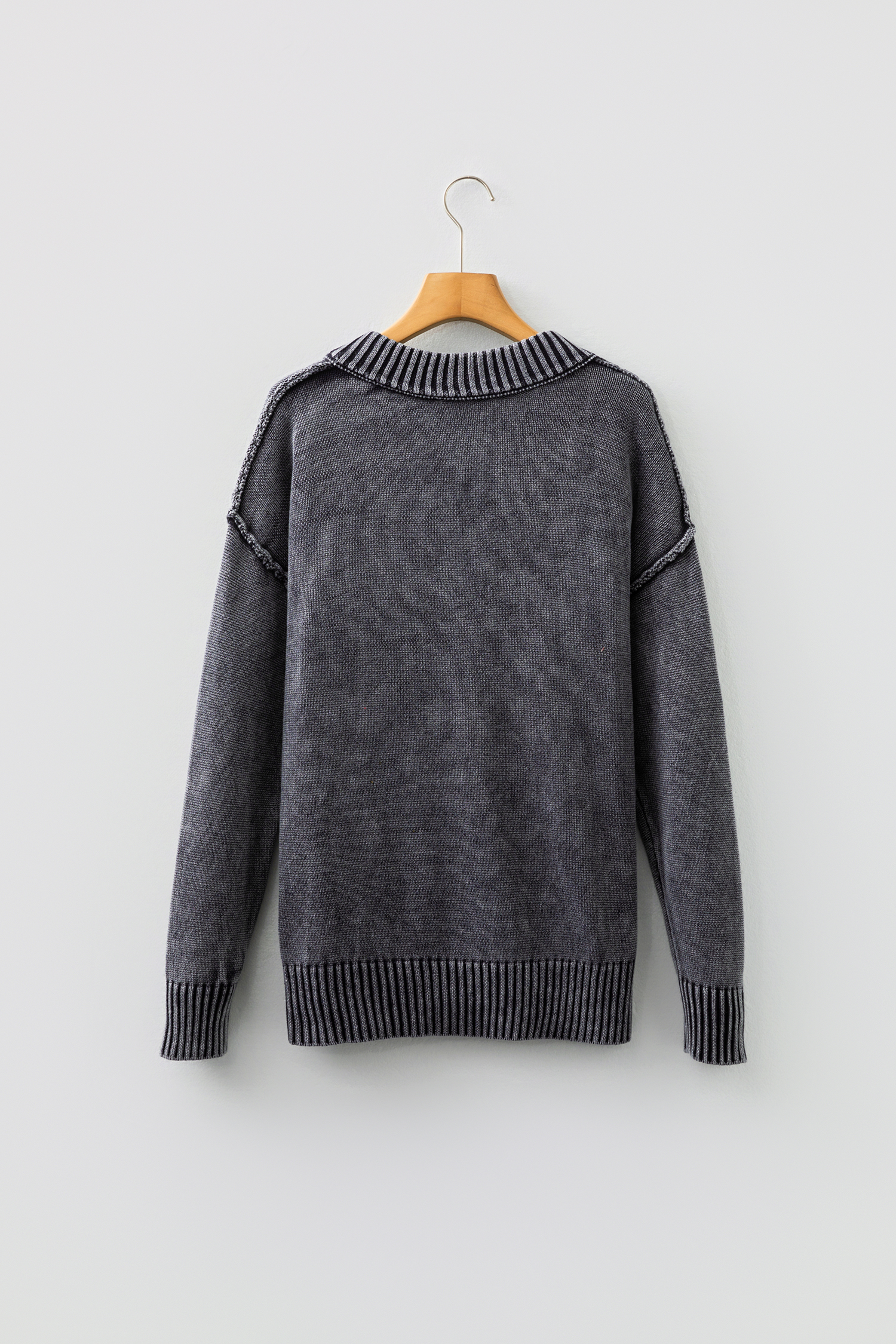Four Leaf Clover Mineral Wash V Neck Knit Exposed Seam Drop Shoulder Loose Sweater - loveforevers