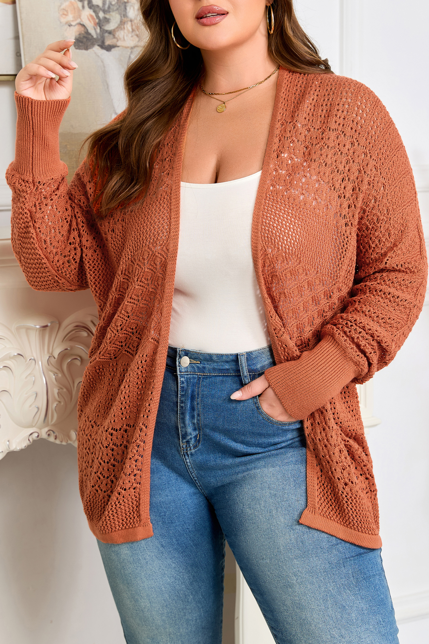 Redwood Burl Mixed Pattern Knitted Open Front Plus Cardigan - loveforevers