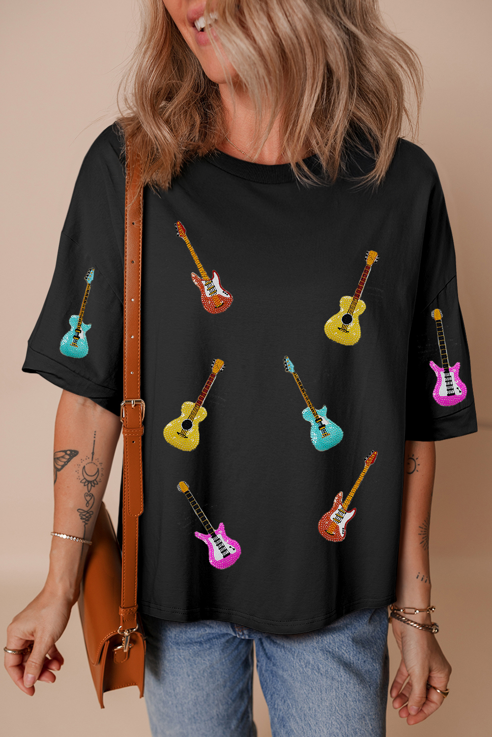 Black Music Lovers Sequined Guitars Dropped Shoulder T Shirt - loveforevers