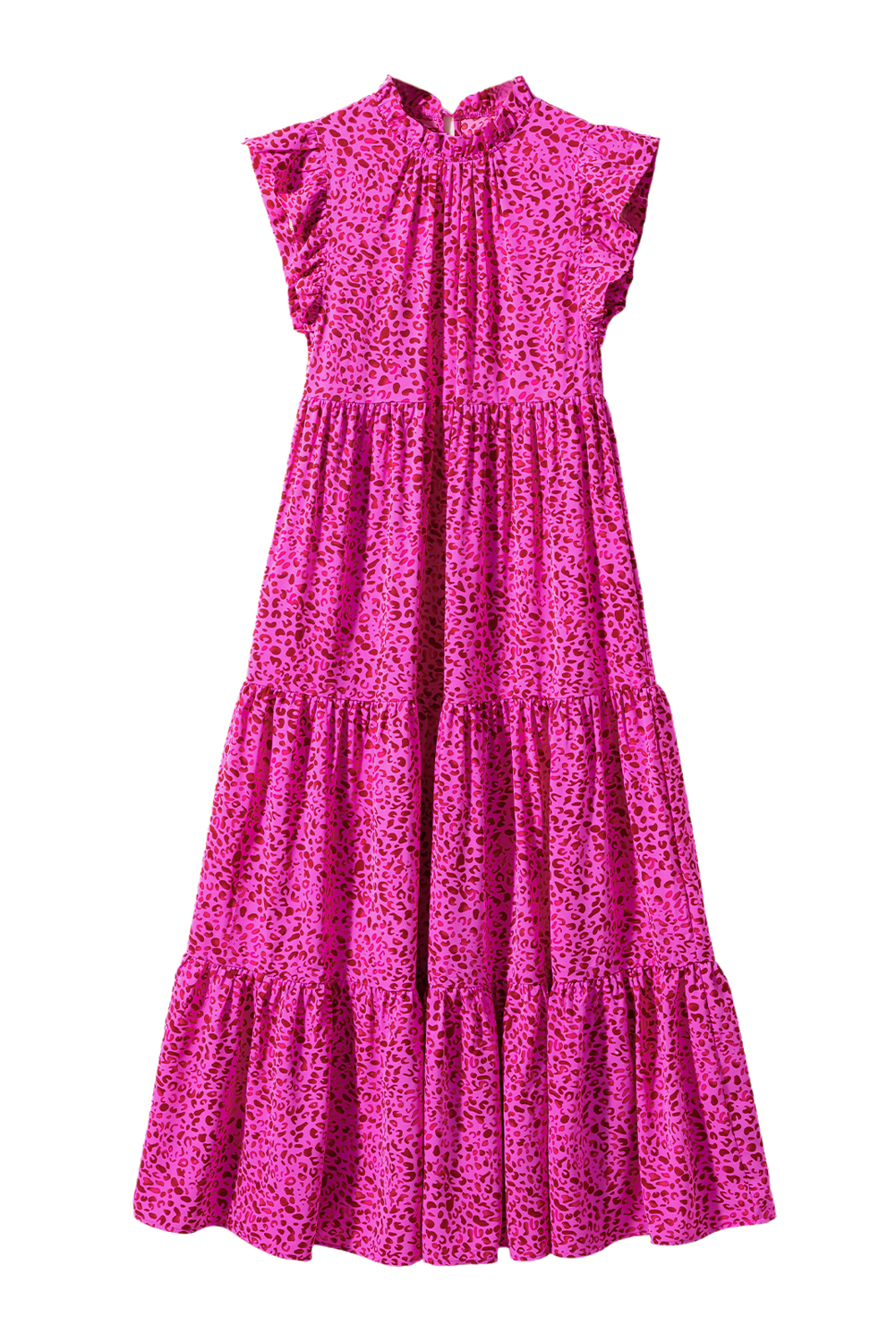 Rose Red Leopard Print Ruffled Trim Tiered Maxi Dress - loveforevers