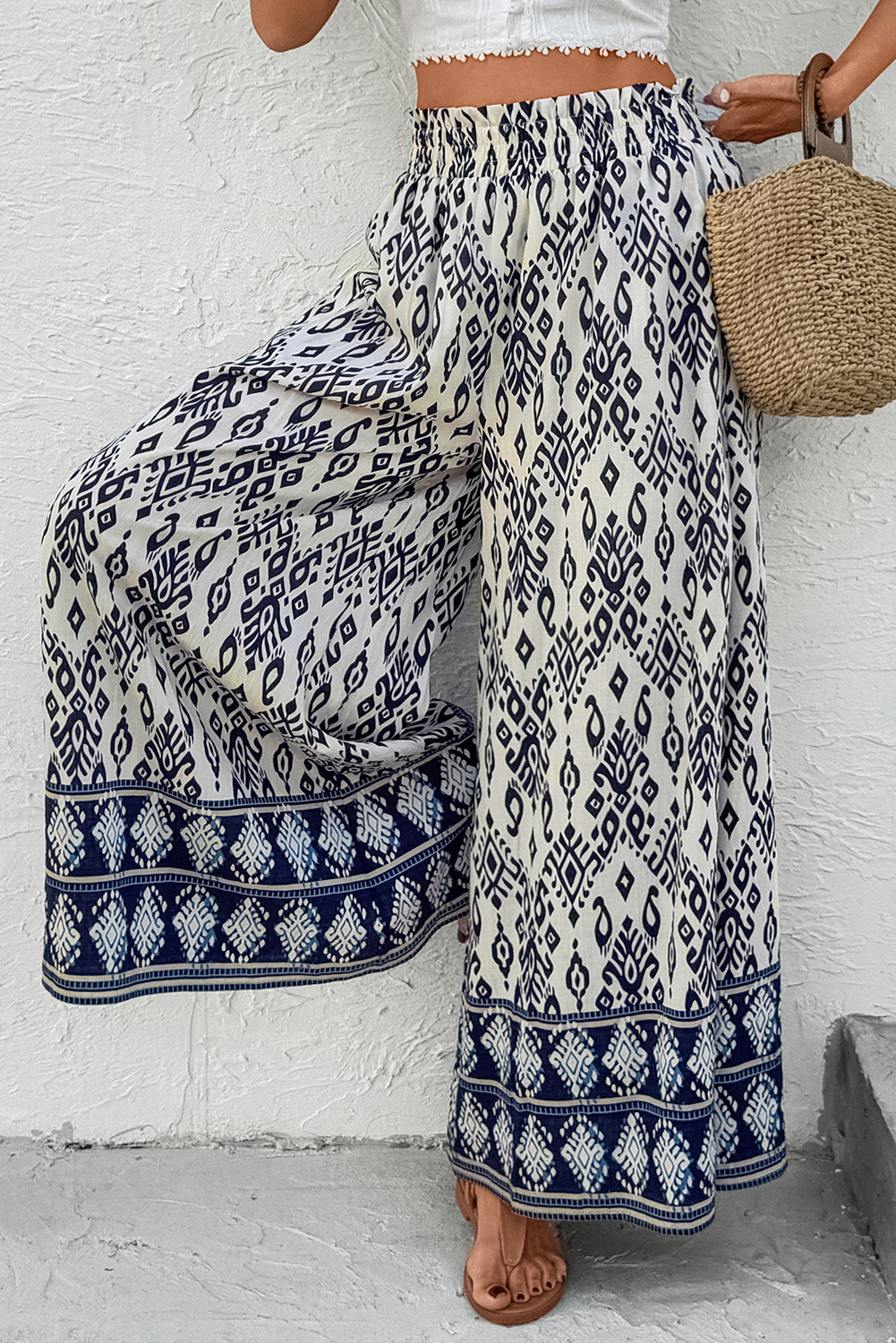 Blue Boho Geometric Print Shirred High Waist Wide Leg Jumpsuit - loveforevers