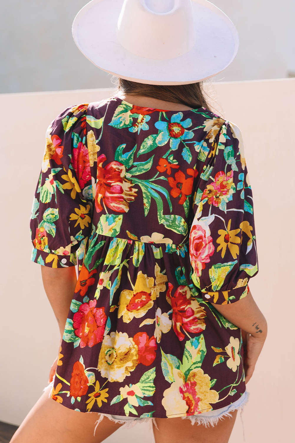 Greyish Purple Rose Flower Embroidered Trim Half Sleeve Blouse - loveforevers