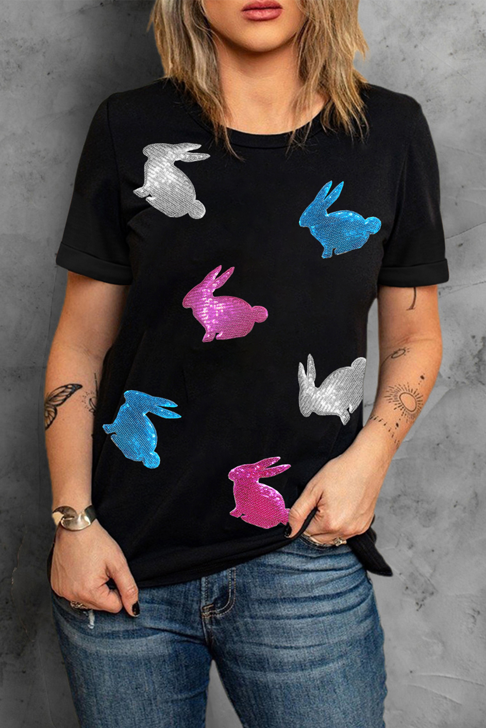 White Rabbit Bow Knot Print Crew Neck T Shirt - loveforevers