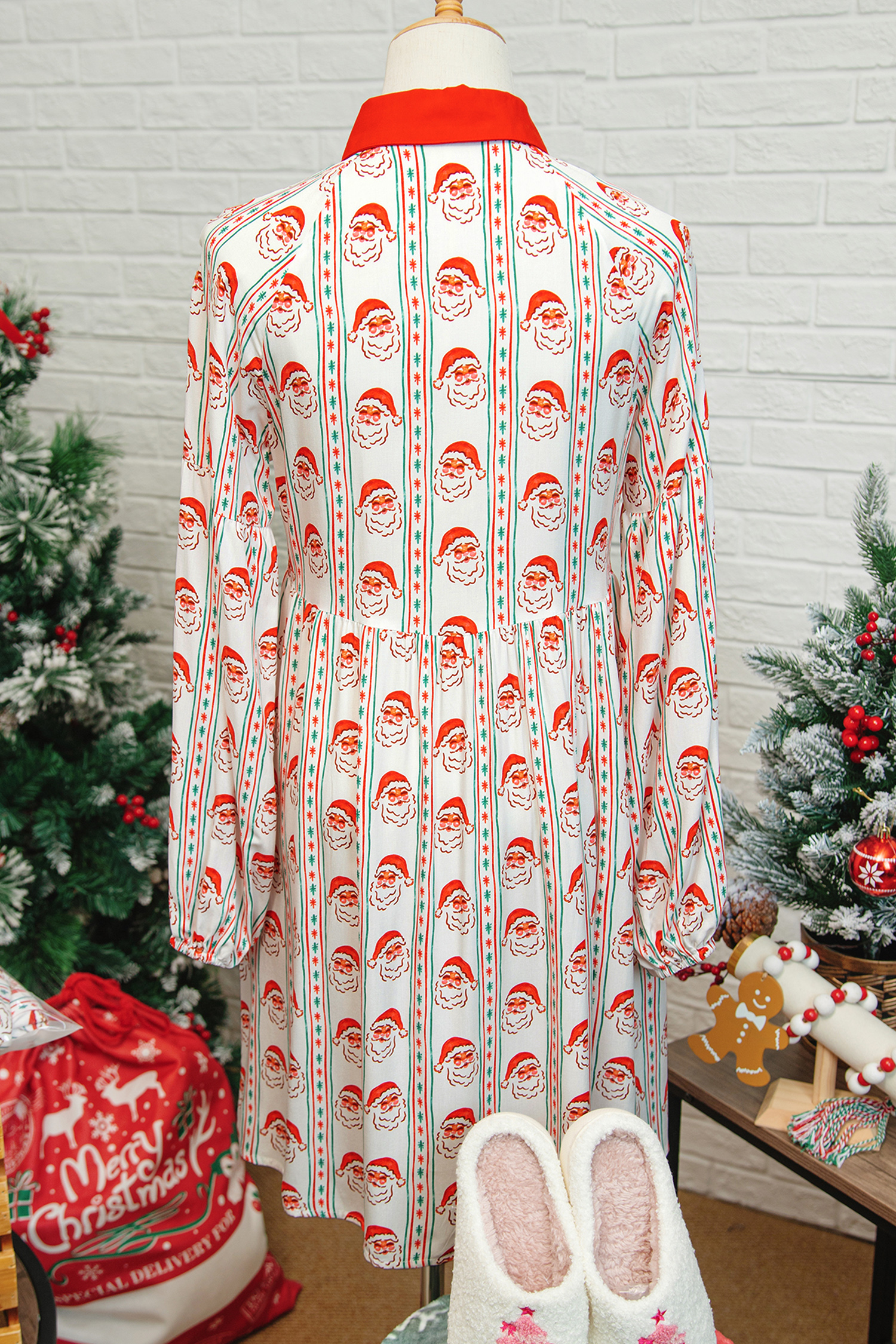 White Father Christmas Contrast Collar Button Front Long Sleeve A-line Mini Dress - loveforevers
