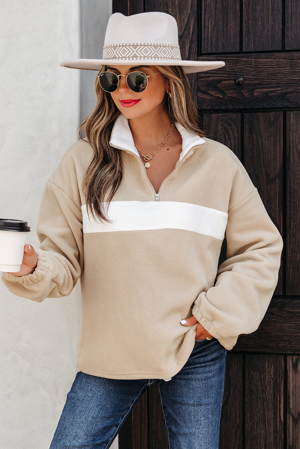 Parchment Fleece Colorblock Patchwork Zipped Neck Pullover Sweatshirt - loveforevers