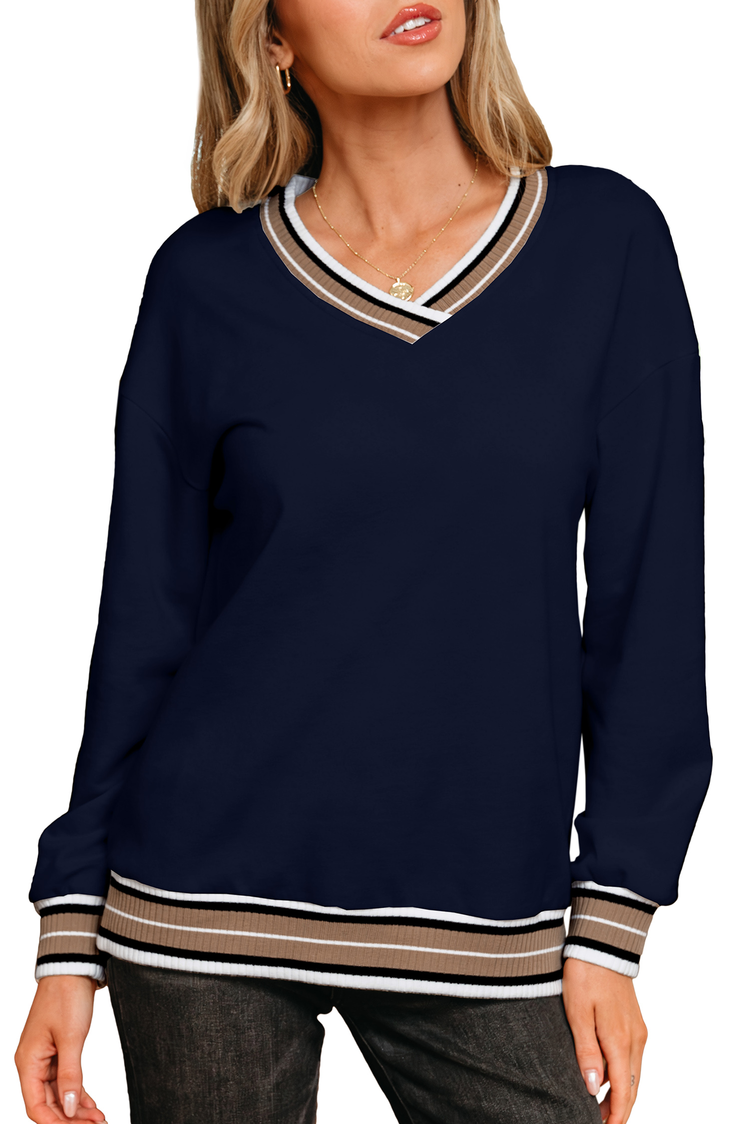 Gray Varsity Contrast Striped Trim V Neck Sweatshirt - loveforevers