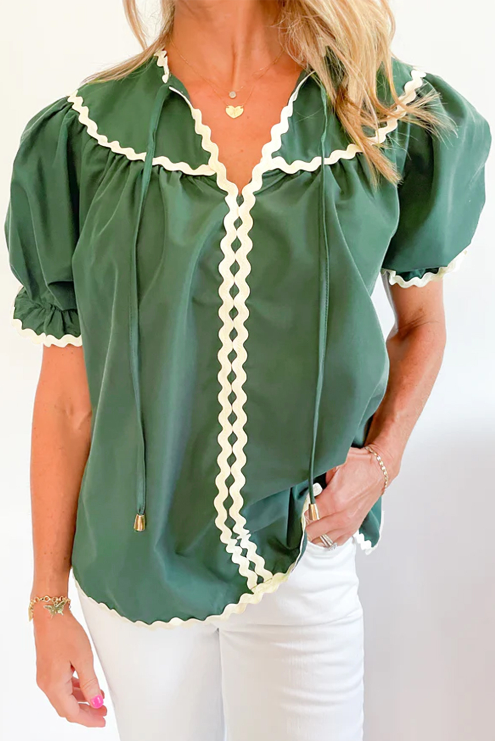 Mist Green Ric Rac Trim Tie Split Neck Short Sleeve Blouse - loveforevers