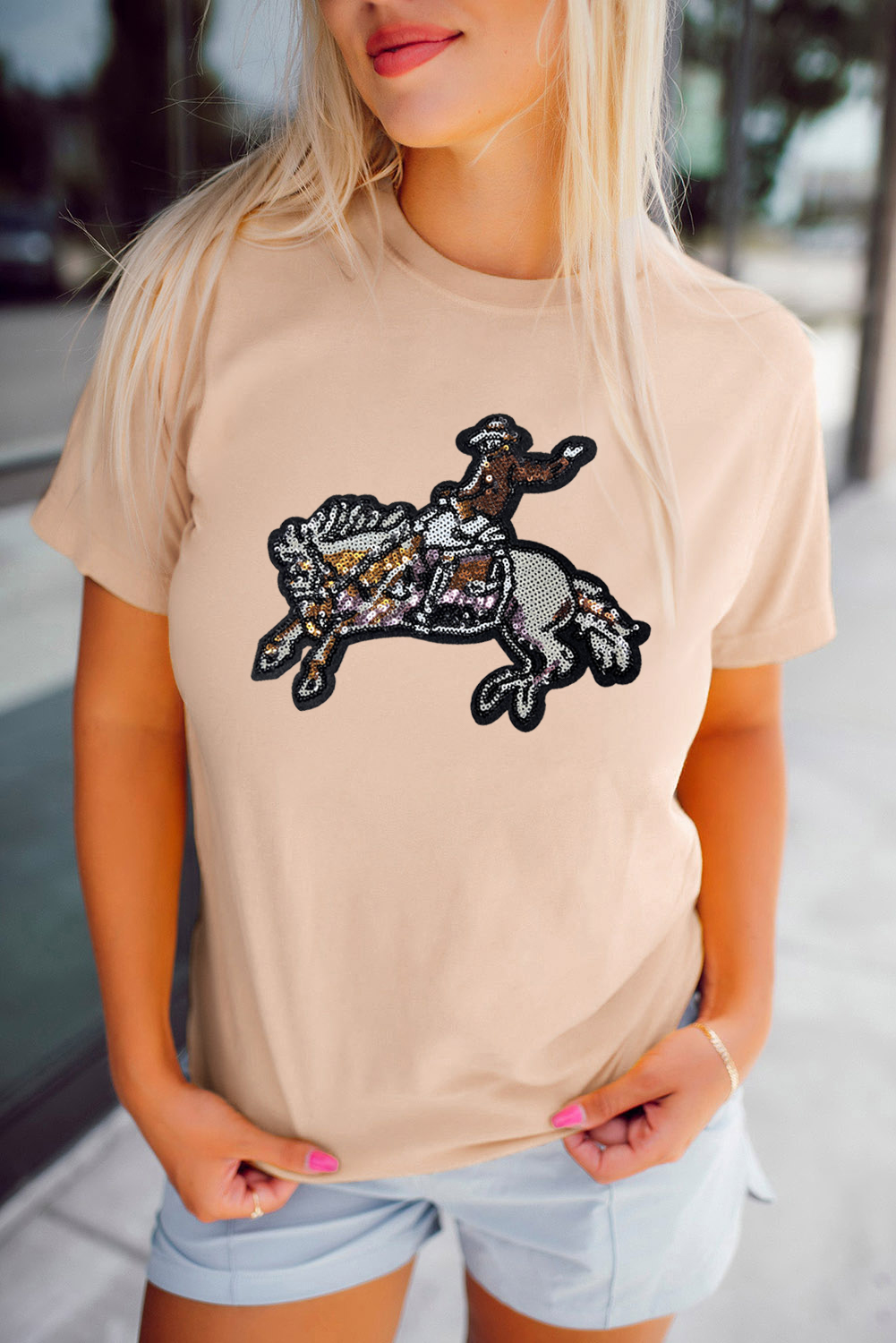 Khaki Sequin Rodeo Graphic Crewneck Tee - loveforevers