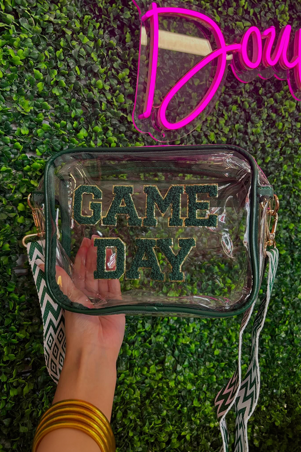 Blackish Green GAME DAY Chenille Embroidered Clear PVC Shoulder Bag - loveforevers
