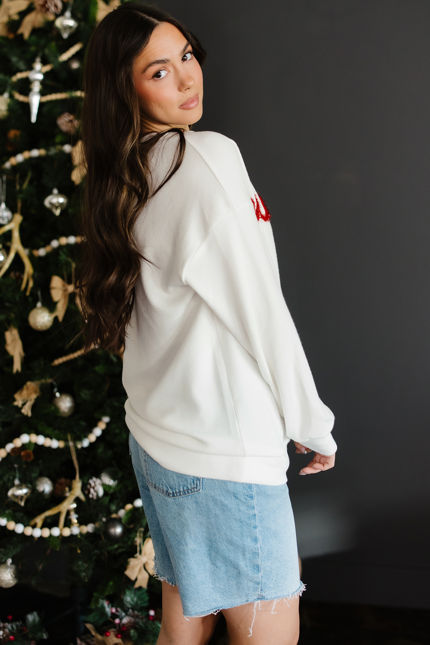 White Merry Tinsel Letter Embroidery Ribbed Drop Shoulder Sweatshirt - loveforevers