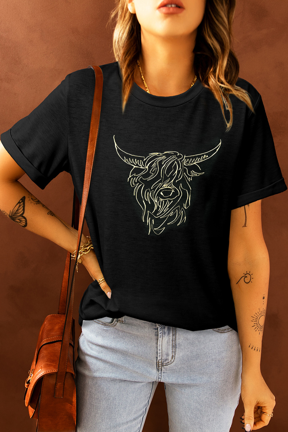 Black Western Bull Head Embroidered Pattern T Shirt - loveforevers