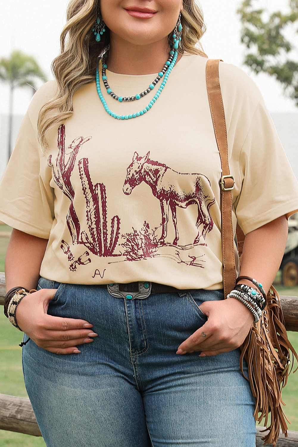 Parchment  Western Burro Cactus Crew Neck Graphic Tee - loveforevers