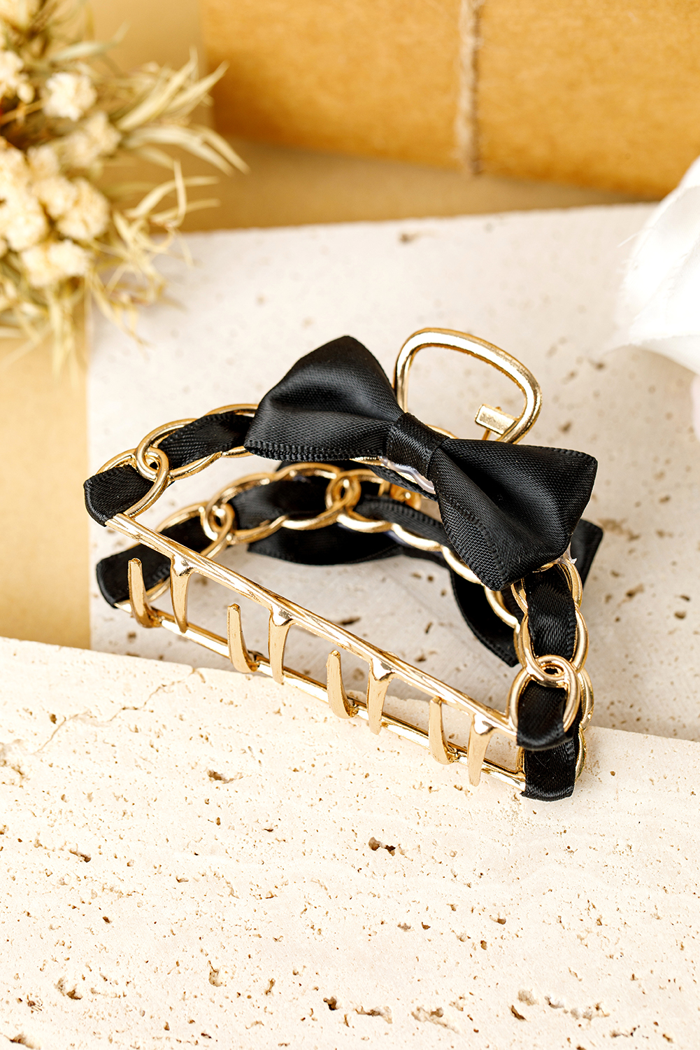 Black Ribbon Bow Detail Contrast Alloy Hair Claw Clip - loveforevers