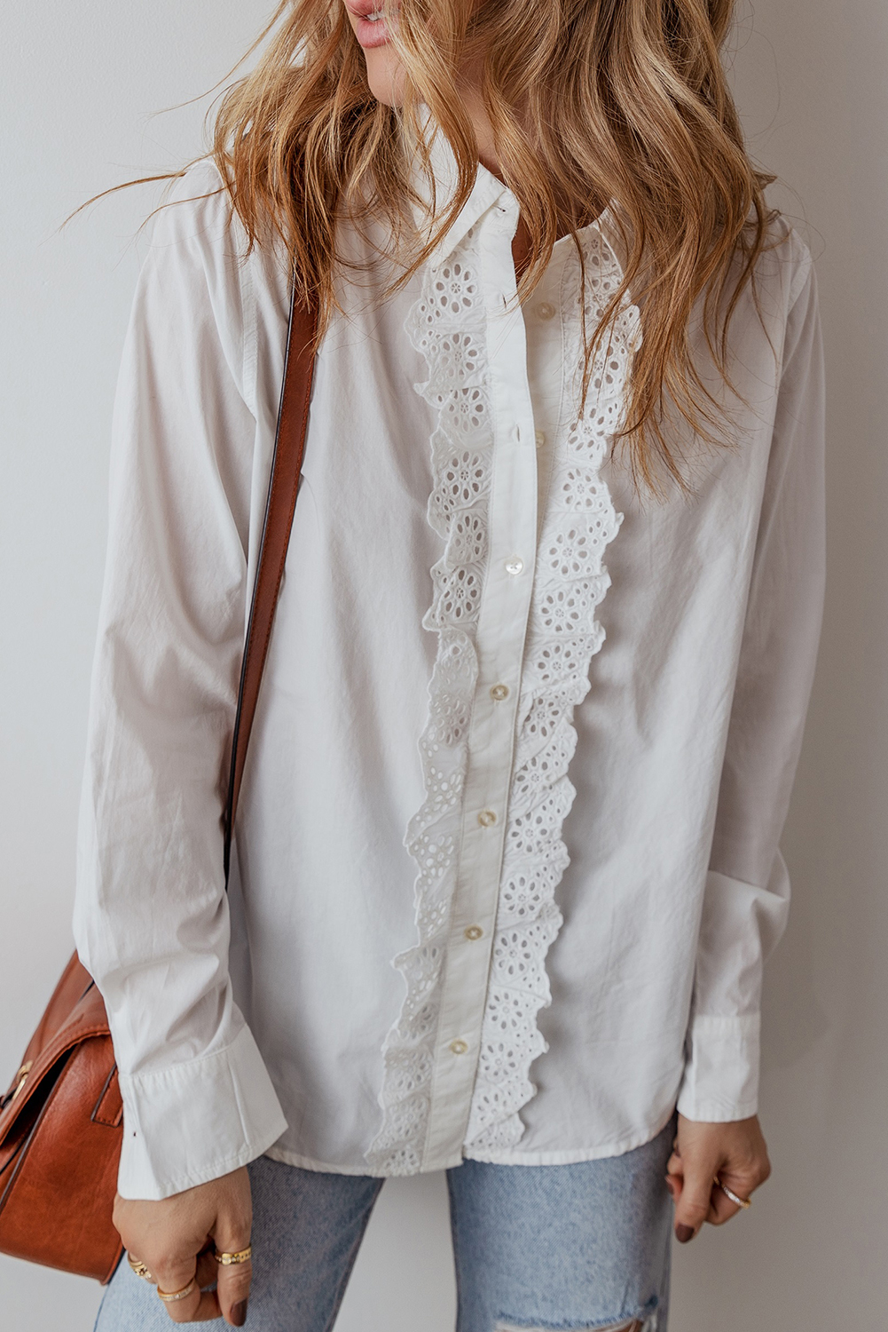 White Lace Crochet Trim Turn Down Collar Buttoned Shirt - loveforevers