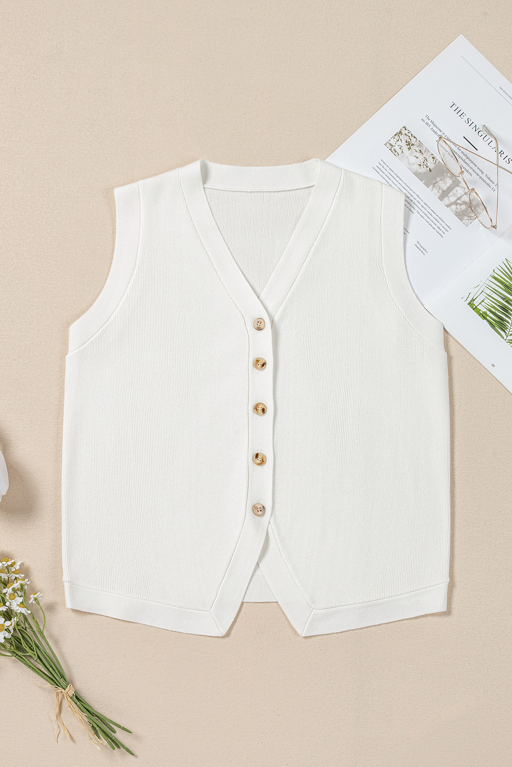 White V Neck Buttoned Sweater Vest - loveforevers