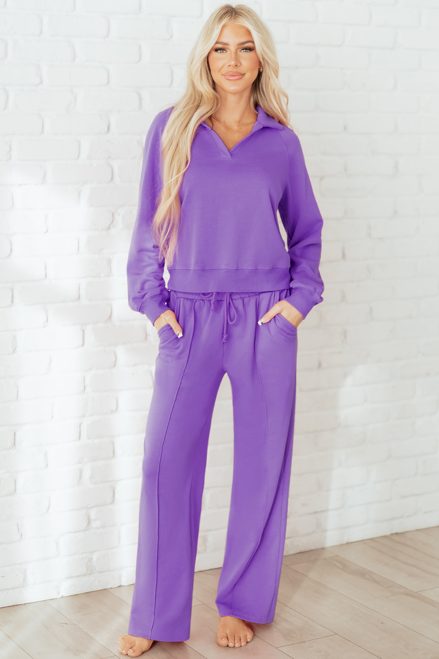 Wisteria Solid Color Collared Pullover and Central Seam Pants Set - loveforevers