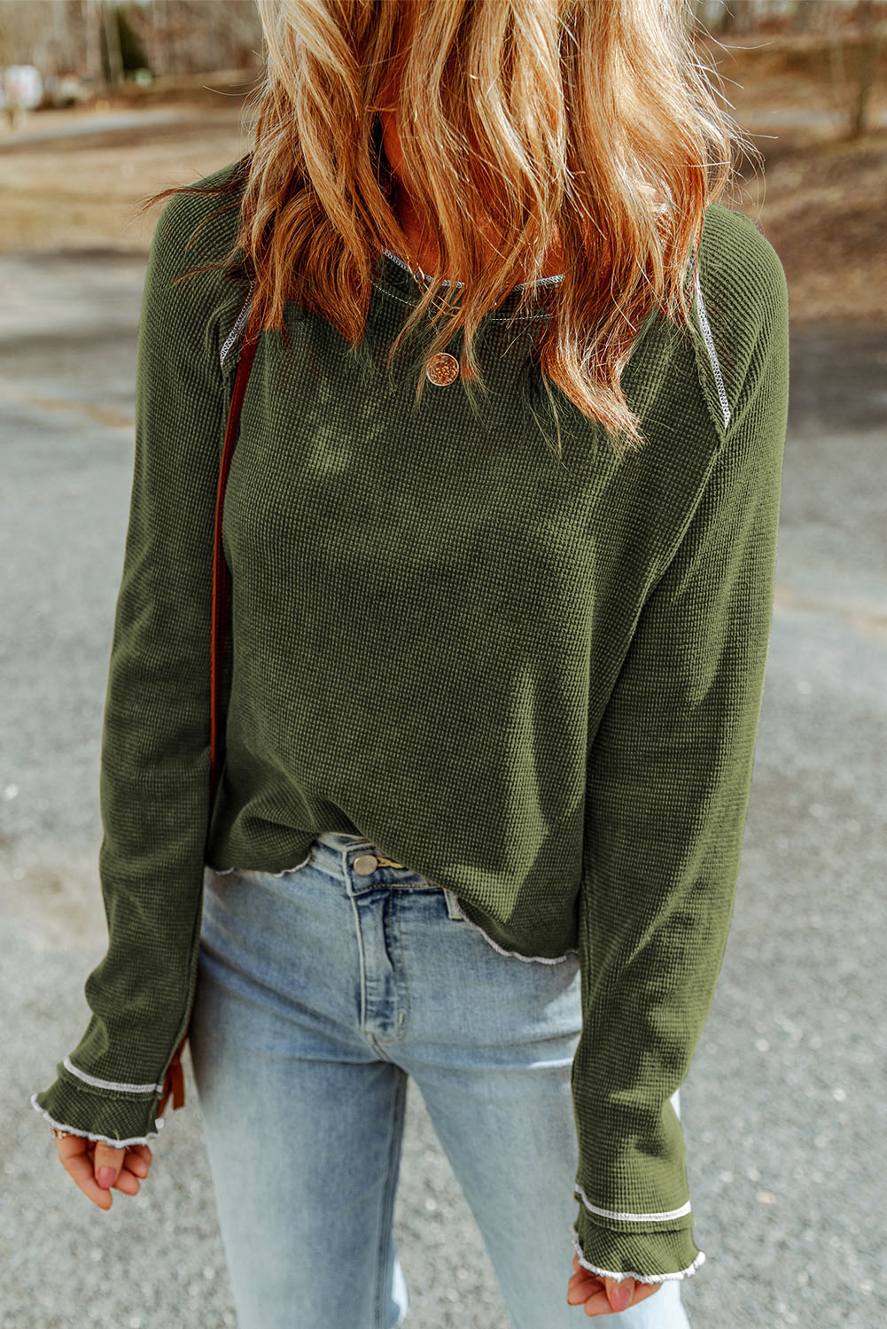Smoke Gray Textured Round Neck Long Sleeve Top - loveforevers