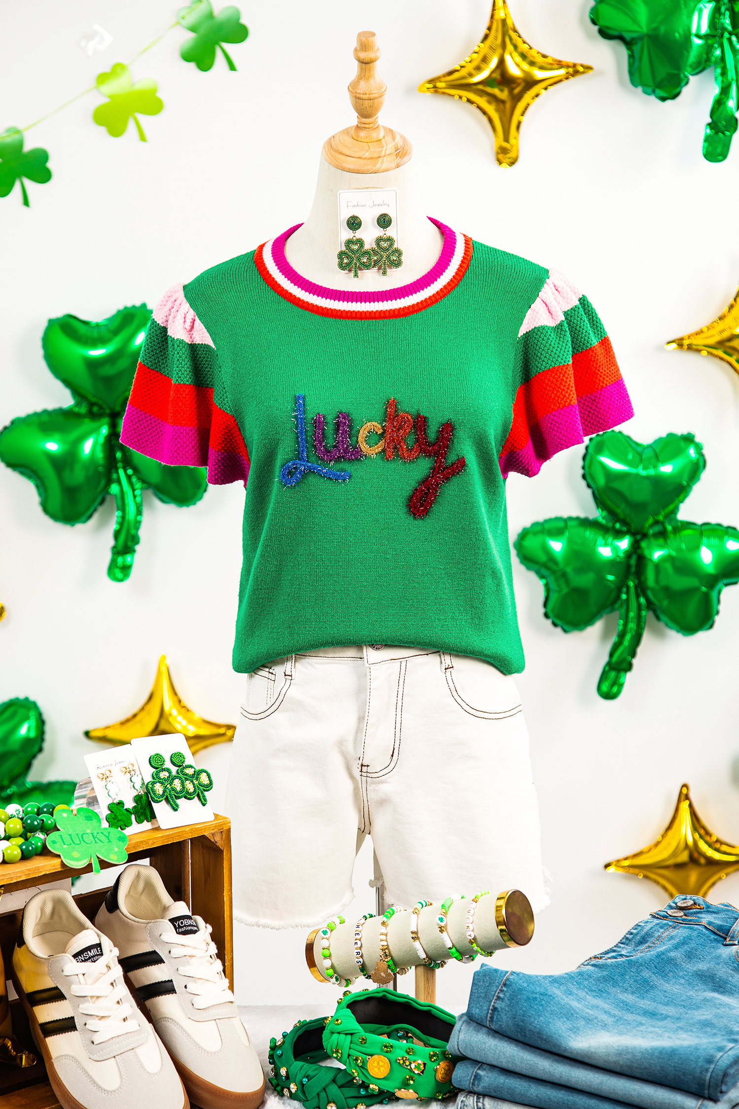 Bright Green Shiny Lucky Striped Flutter Sleeve Round Neck Sweater - loveforevers