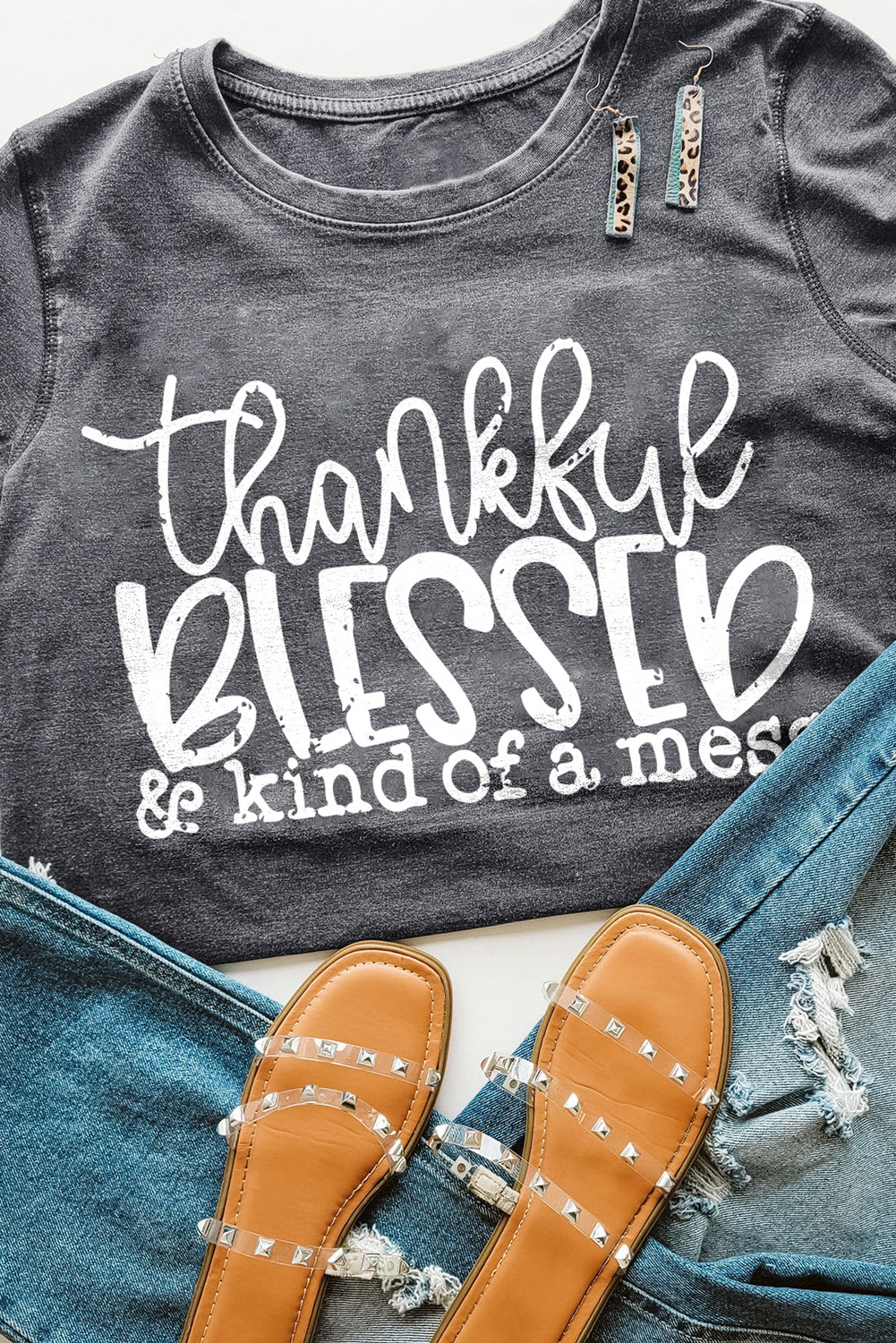 Gray Thankful Blessed & Kind of a Mess Graphic Tee - loveforevers