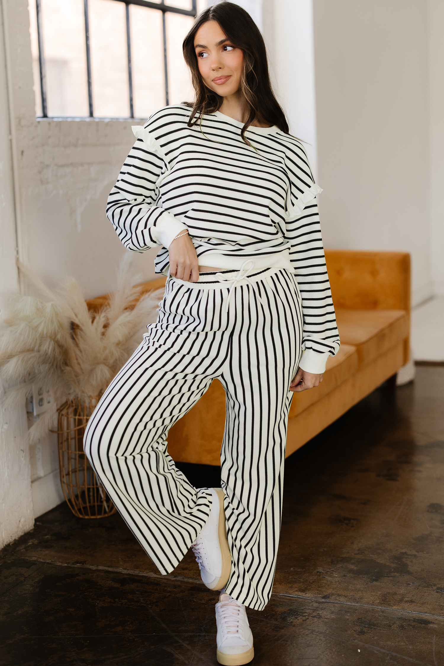 White Stripe Ruffle Trim Drop Shoulder Top Drawstring Loose Pant Set - loveforevers