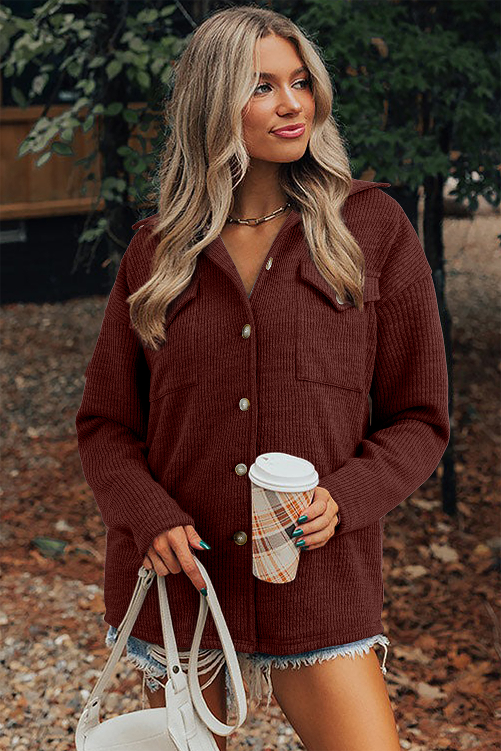 Medium Grey Ribbed Knit Buttons Front Flap Pocket Casual Shacket - loveforevers