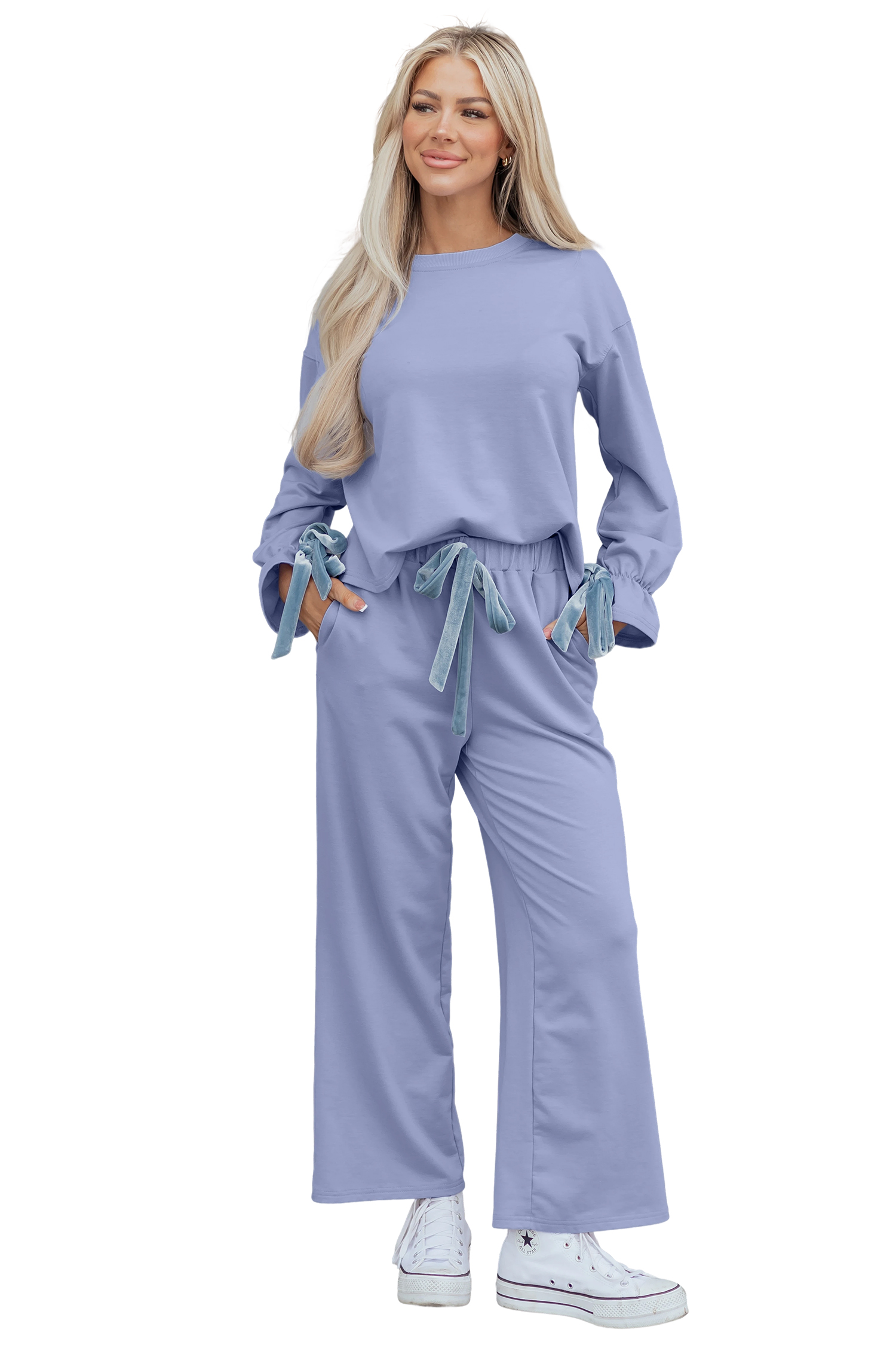 Beau Blue Flounce Long Sleeve Top Drawstring Pants Contrast Velvet Bow Knot 2pcs Lounge Set - loveforevers