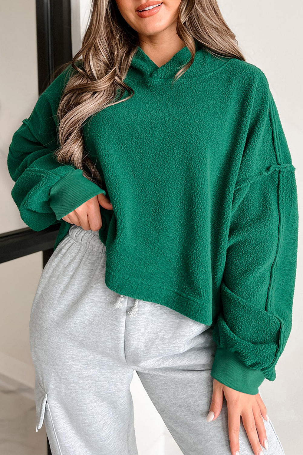 Dark Green Sherpa Fleece Drop Shoulder Hoodie - loveforevers