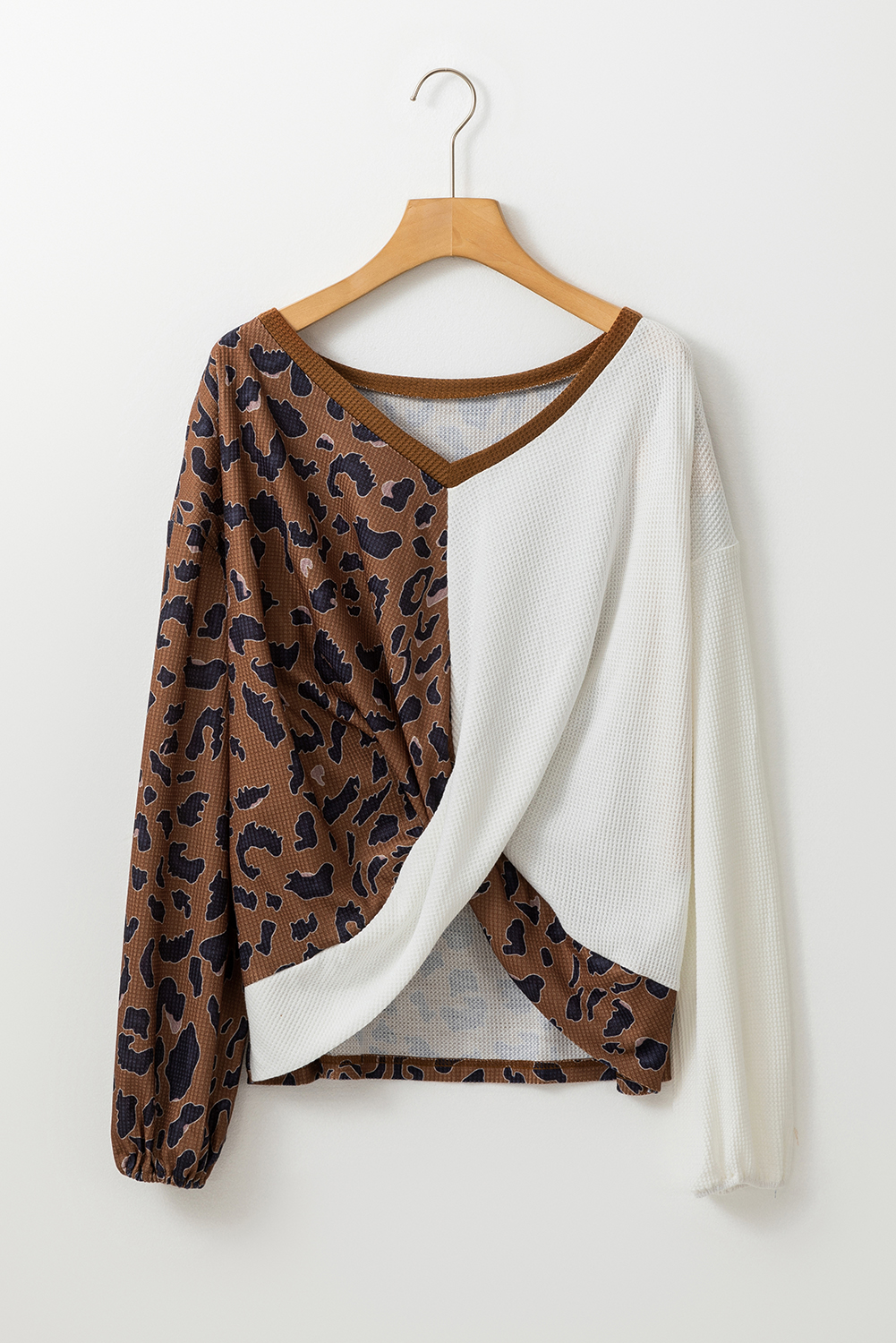 Brown Leopard Contrast Waffle Knit Twist Hem V Neck Top - loveforevers