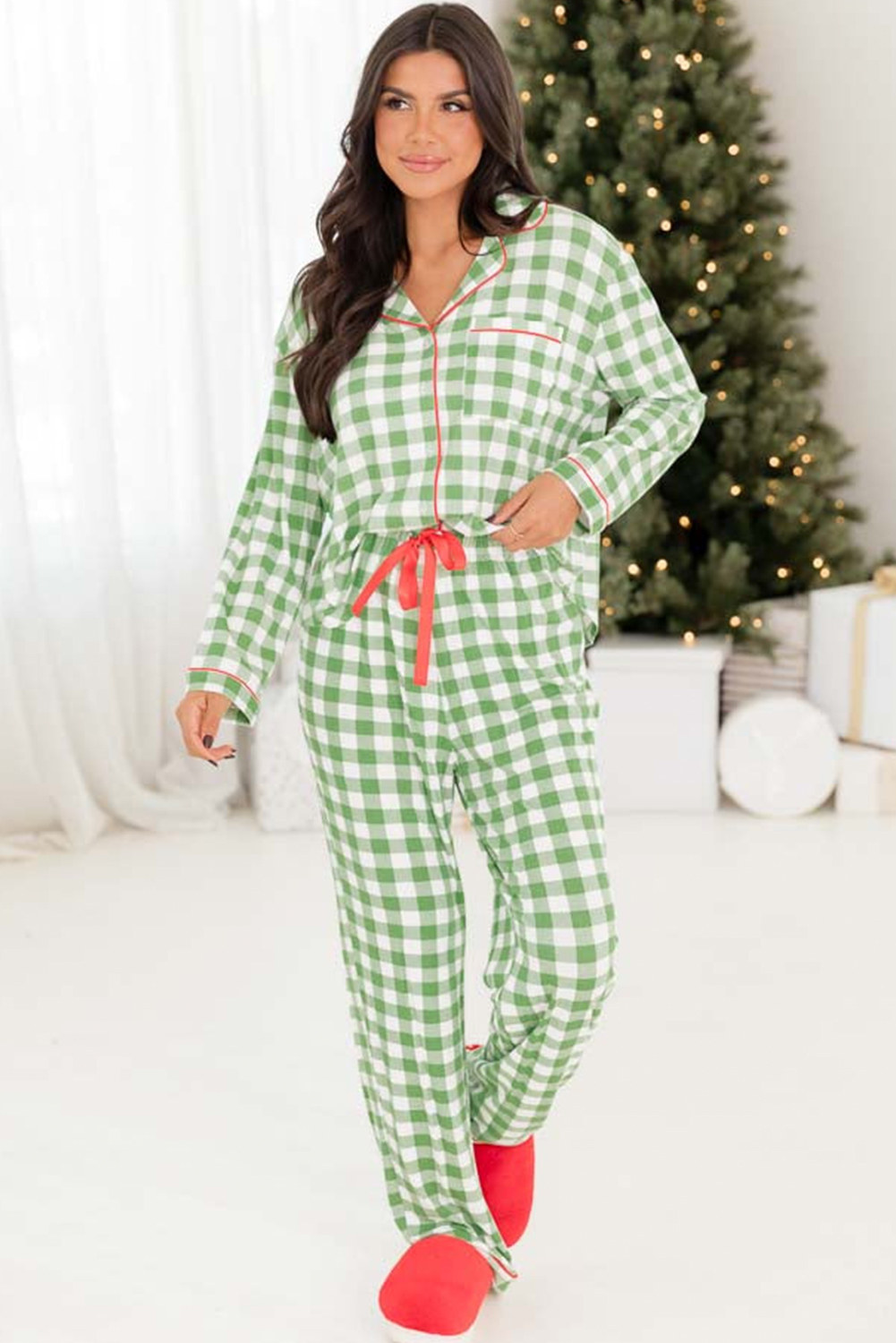 Fiery Red Christmas Plaid Print Shirt and Pants Pajama Set - loveforevers