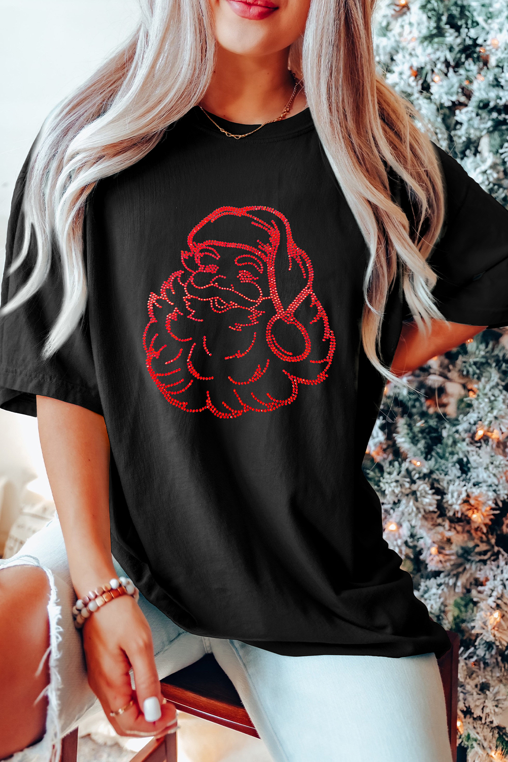 Black Rhinestone Santa Claus Christmas Graphic T Shirt - loveforevers
