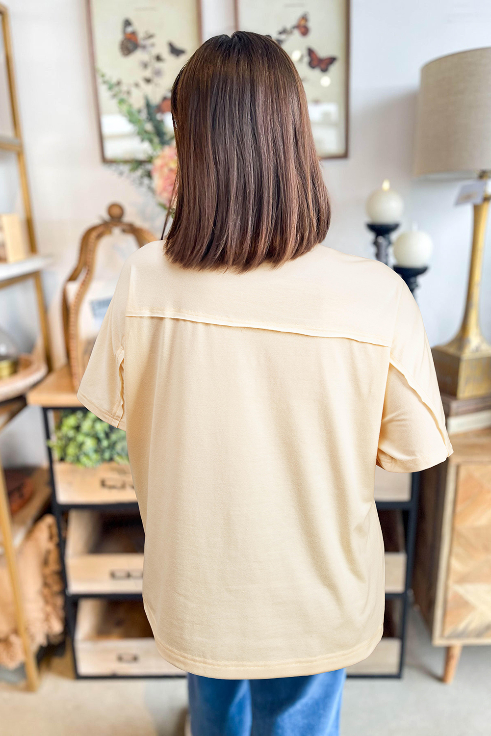 Apricot Flower Patched Exposed Stitching Trim Crew Neck Loose Tee - loveforevers